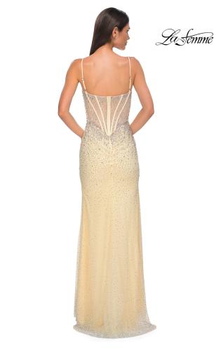 Picture of: Rhinestone Embellished Fitted Prom Dress with Corset and Deep V in Pale Yellow, Style 32717, Detail Picture 6
