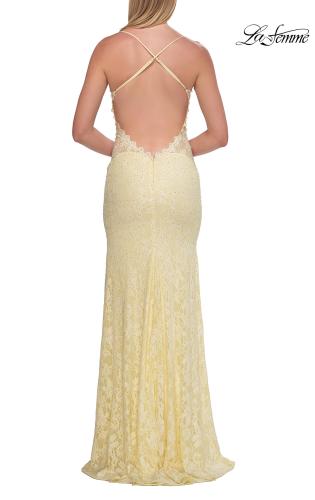 Picture of: Lace Prom Dress with Scalloped Neckline and Open Back in Pale Yellow, Style: 33647, Detail Picture 6
