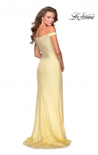 Picture of: Beaded Lace Prom Dress with Off the Shoulder Detail in Pale Yellow, Style: 28301, Detail Picture 7