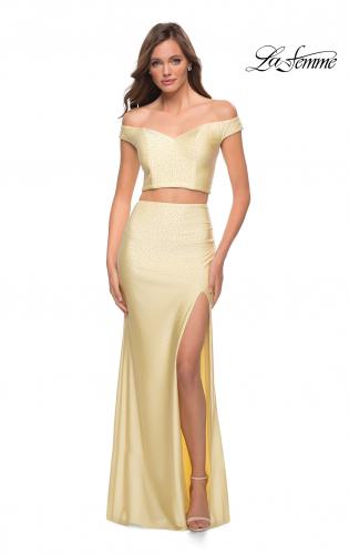 Picture of: Rhinestone Off the Shoulder Jersey Two Piece Prom Dress in Pale Yellow, Style 29951, Detail Picture 7