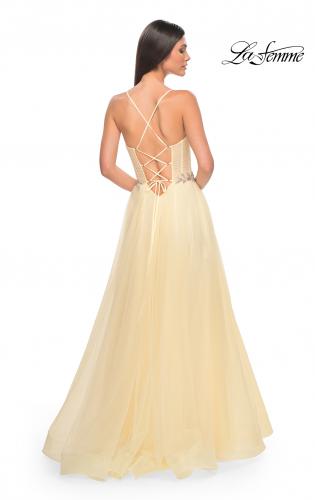 Picture of: A-Line Prom Gown with Ruched Bodice and Rhinestone Belt Detail in Pale Yellow, Style: 32117, Detail Picture 7