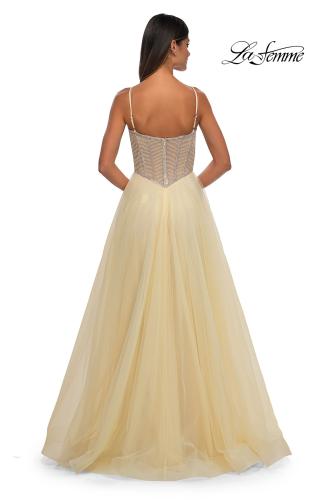 Picture of: Tulle A-line Prom Dress with Rhinestone Detail on Corset Top in Pale Yellow, Style: 32675, Detail Picture 7