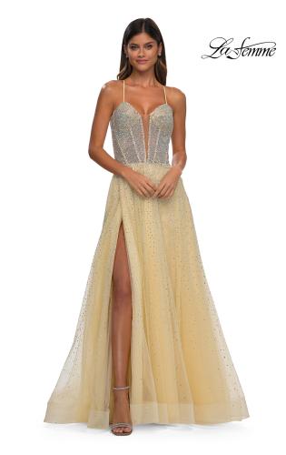 Picture of: Prom Gown with Rhinestone Tulle and Illusion Corset Bodice in Pale Yellow, Style: 32725, Detail Picture 7
