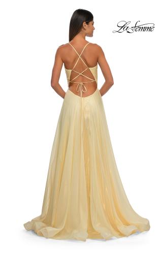 Picture of: Metallic Chiffon Prom Dress with Flowing Skirt and High Slit in Pale Yellow, Style: 33043, Detail Picture 7