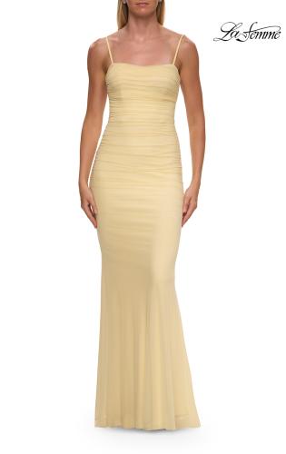 Picture of: Ruched Jersey Gown with Low Rhinestone Detail Back in Pale Yellow, Style: 33560, Detail Picture 7