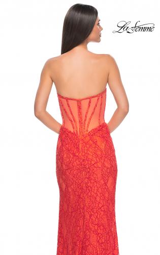 Picture of: Stretch Lace Dress with Bustier Bodice and Illusion Back in Papaya, Style: 32298, Detail Picture 7