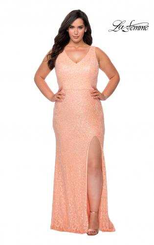 Picture of: Printed Sequin Plus Size Dress for Curves with V-Neck in Peach, Style: 29001, Detail Picture 1