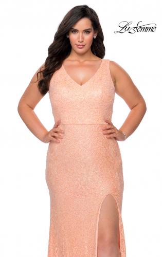 Picture of: Printed Sequin Plus Size Dress for Curves with V-Neck in Peach, Style: 29001, Detail Picture 4