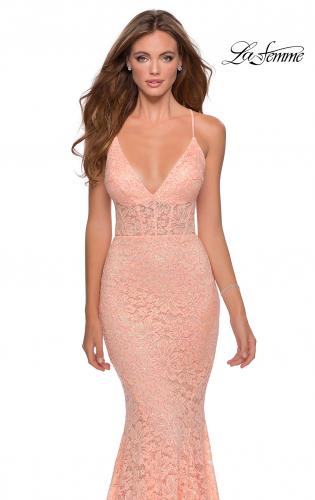 Peach Lace Off Shoulder Plunging Long Prom Formal Dress