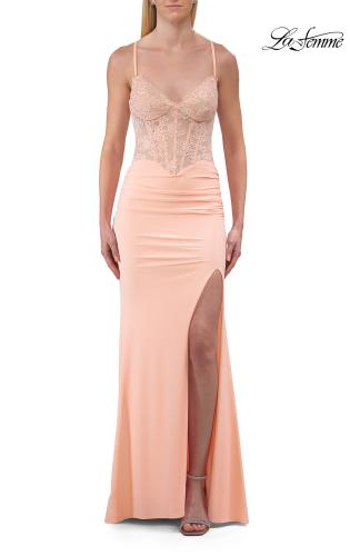 Picture of: Lace Bodice Fitted Gown with Slit and Open Crisscross Back in Peach, Style: 33386, Detail Picture 10