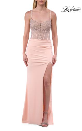 Picture of: Sheer Lace Corset Gown with High Slit and Lace-Up Back in Peach, Style: 33808, Detail Picture 13