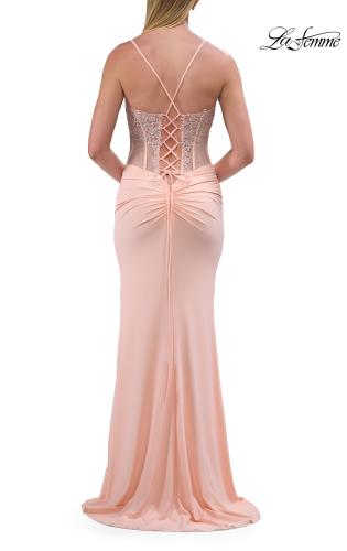 Picture of: Sheer Lace Corset Gown with High Slit and Lace-Up Back in Peach, Style: 33808, Detail Picture 14