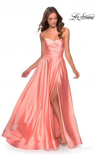 Picture of: Strapless Satin Gown with Pleated Bodice and Slit in Peach, Style: 28608, Detail Picture 1