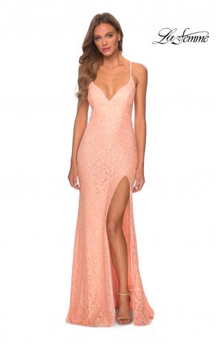 Picture of: Sequin Lace Prom Dress with Plunging Neckline in Peach, Style: 28359, Detail Picture 3