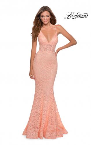 Picture of: Sequin Lace Mermaid Prom Dress with Sheer Bodice in Peach, Style: 28647, Detail Picture 3