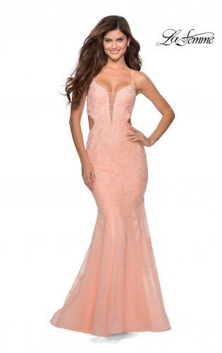 Picture of: Mermaid Tulle Gown with Floral Lace and Rhinestones in Peach, Style: 28768, Detail Picture 5