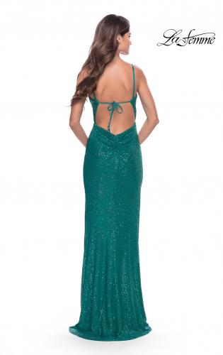 Picture of: Ruched Sequin Dress with Open Tie Back in Peacock, Style: 31583, Back Picture
