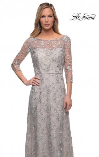 Picture of: Lace Dress with Three-Quarter Sleeves and Illusion Neckline in Pearl Silver, Main Picture