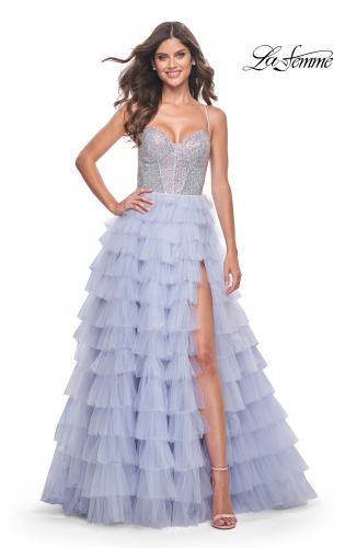 Picture of: Neon Tiered Ruffle Tulle Prom Dress with Rhinestone Embellished Bodice in Periwinkle, Style: 32335, Detail Picture 8