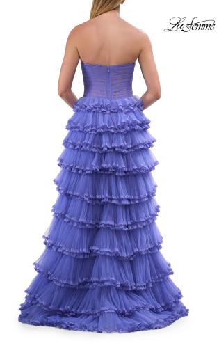 Picture of: Strapless Tiered Ruffle Tulle Gown with Slit in Periwinkle, Style: 33727, Detail Picture 8