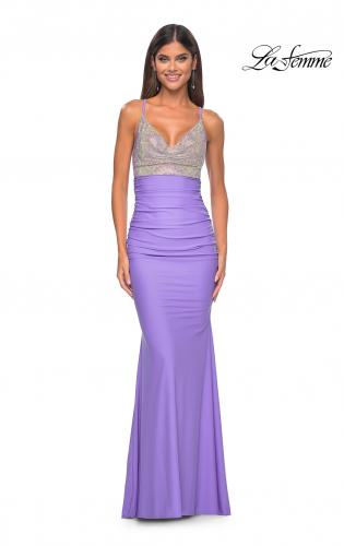Picture of: Neon Ruched Jersey Dress with Rhinestone Mesh Draped Top in Periwinkle, Style: 32320, Detail Picture 9