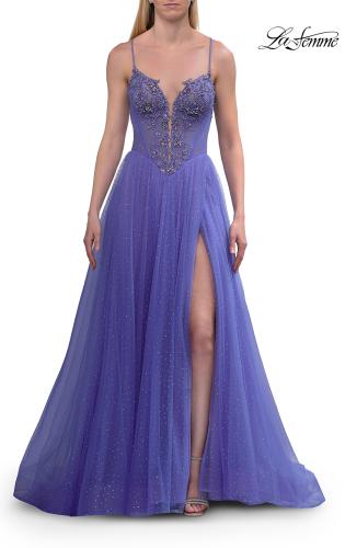 Picture of: Corset Tulle A-Line Gown with Lace Applique and Slit in Periwinkle, Style: 33860, Detail Picture 9