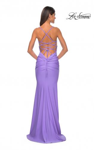 Picture of: Neon Ruched Jersey Dress with Rhinestone Mesh Draped Top in Periwinkle, Style: 32320, Detail Picture 10
