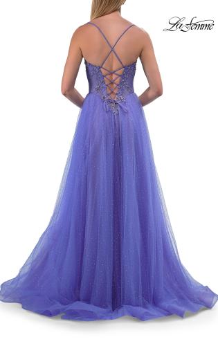 Picture of: Corset Tulle A-Line Gown with Lace Applique and Slit in Periwinkle, Style: 33860, Detail Picture 10