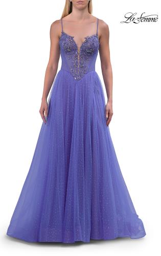 Picture of: Corset Tulle A-Line Gown with Lace Applique and Slit in Periwinkle, Style: 33860, Detail Picture 11