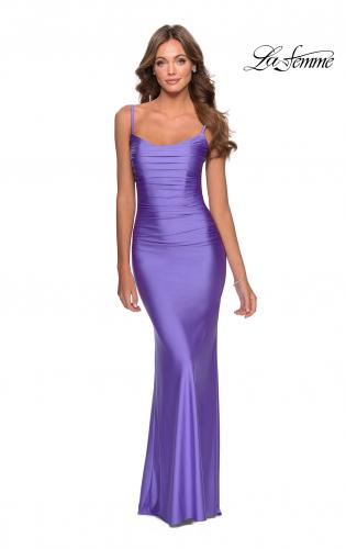 Picture of: Long Ruched Jersey Prom Dress with Thin Straps in Periwinkle, Style: 28398, Detail Picture 5