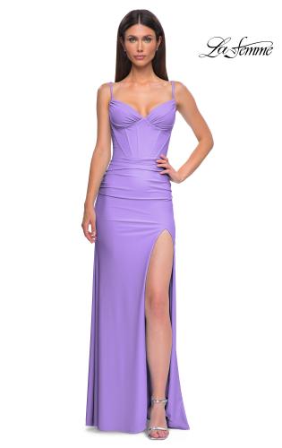 Picture of: Prom Dress with Corset Top and Sheer Illusion Back in Periwinkle , Style 32962, Detail Picture 5