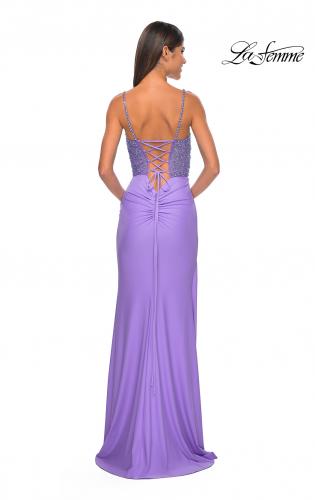 Picture of: Fitted Jersey Gown with Pretty Beaded Rhinestone Illusion Bodice in Periwinkle, Style: 32089, Detail Picture 6