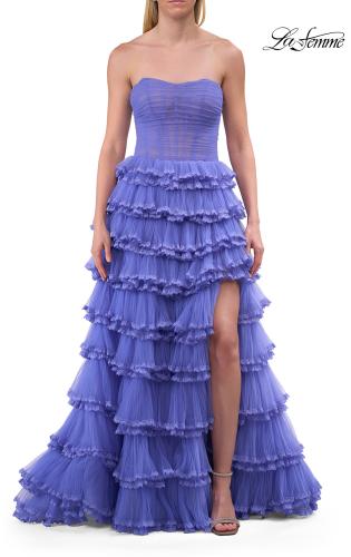 Picture of: Strapless Tiered Ruffle Tulle Gown with Slit in Periwinkle, Style: 33727, Detail Picture 7