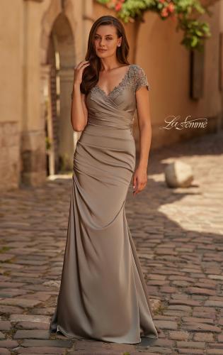 Picture of: Ruched Satin Gown with Lace Cap Sleeves and Illusion Back in Pewter, Style: 32431, Main Picture