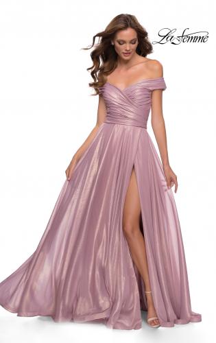 Picture of: Metallic Chiffon Gown with Off the Shoulder Top in Pink Metallic, Style 29172, Main Picture
