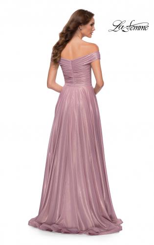 Picture of: Metallic Chiffon Gown with Off the Shoulder Top in Pink Metallic, Style 29172, Back Picture