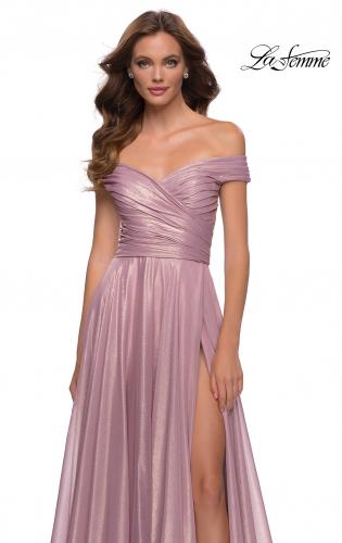 Picture of: Metallic Chiffon Gown with Off the Shoulder Top in Pink Metallic, Style 29172, Detail Picture 1
