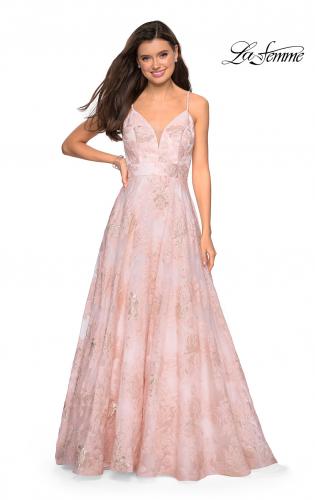 la femme metallic floral embellished evening dress