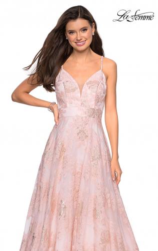 metallic floral embellished evening dress