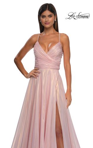 Picture of: Metallic Chiffon Prom Dress with Flowing Skirt and High Slit in Pink , Style: 33043, Detail Picture 9