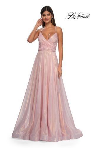 Picture of: Metallic Chiffon Prom Dress with Flowing Skirt and High Slit in Pink , Style: 33043, Detail Picture 5