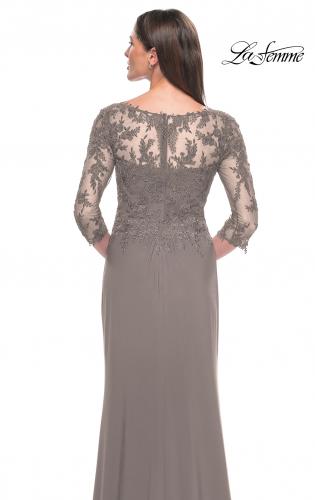 Picture of: Long Evening Gown with Lace Illusion Sleeves and Neckline in Platinum, Style: 30385, Detail Picture 8