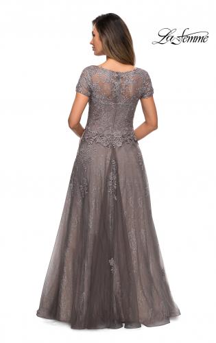 Picture of: A-line Dress with Lace Detail and Sheer Cap Sleeves in Platinum, Style: 28091, Back Picture
