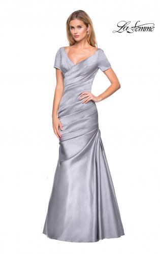 Picture of: Long Satin Gown with Elegant Ruching in Platinum, Style: 26947, Detail Picture 1