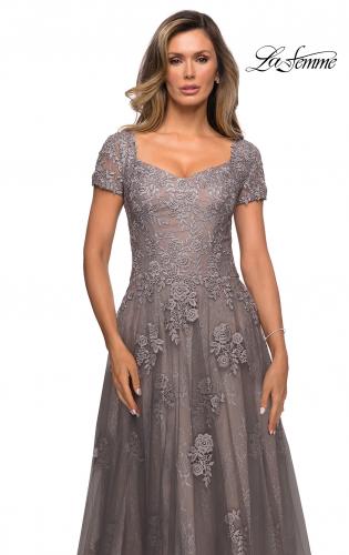Picture of: A-line Dress with Lace Detail and Sheer Cap Sleeves in Platinum, Style: 28091, Detail Picture 1