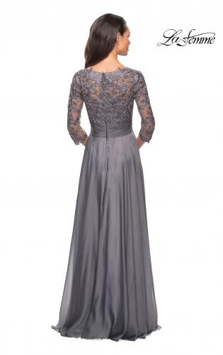 Picture of: Floor Length Chiffon Dress with Lace Sleeves in Platinum, Style: 27153, Detail Picture 2