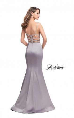 Picture of: Mermaid Prom Dress with Beaded Top and Strappy Back in Platinum, Style: 24691, Back Picture