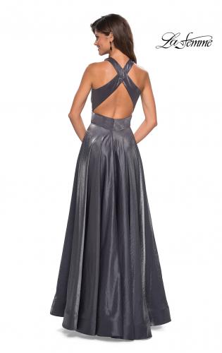 Picture of: Tone Tone Satin Dress with Wrap Around High Neckline in Platinum, Style: 27151, Back Picture