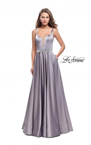 Picture of: Satin Prom Dress with A Line Skirt and Beaded Belt in Platinum, Style: 24821, Detail Picture 1