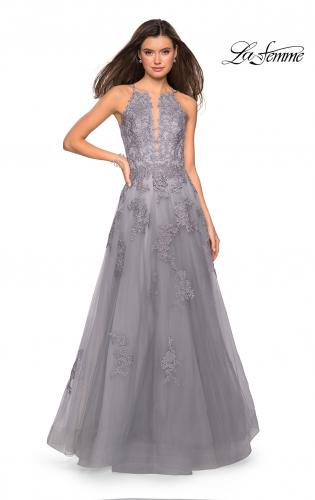 Picture of: Tulle Prom Dress with Lace Bodice and Strappy Back in Platinum, Style: 27143, Detail Picture 1